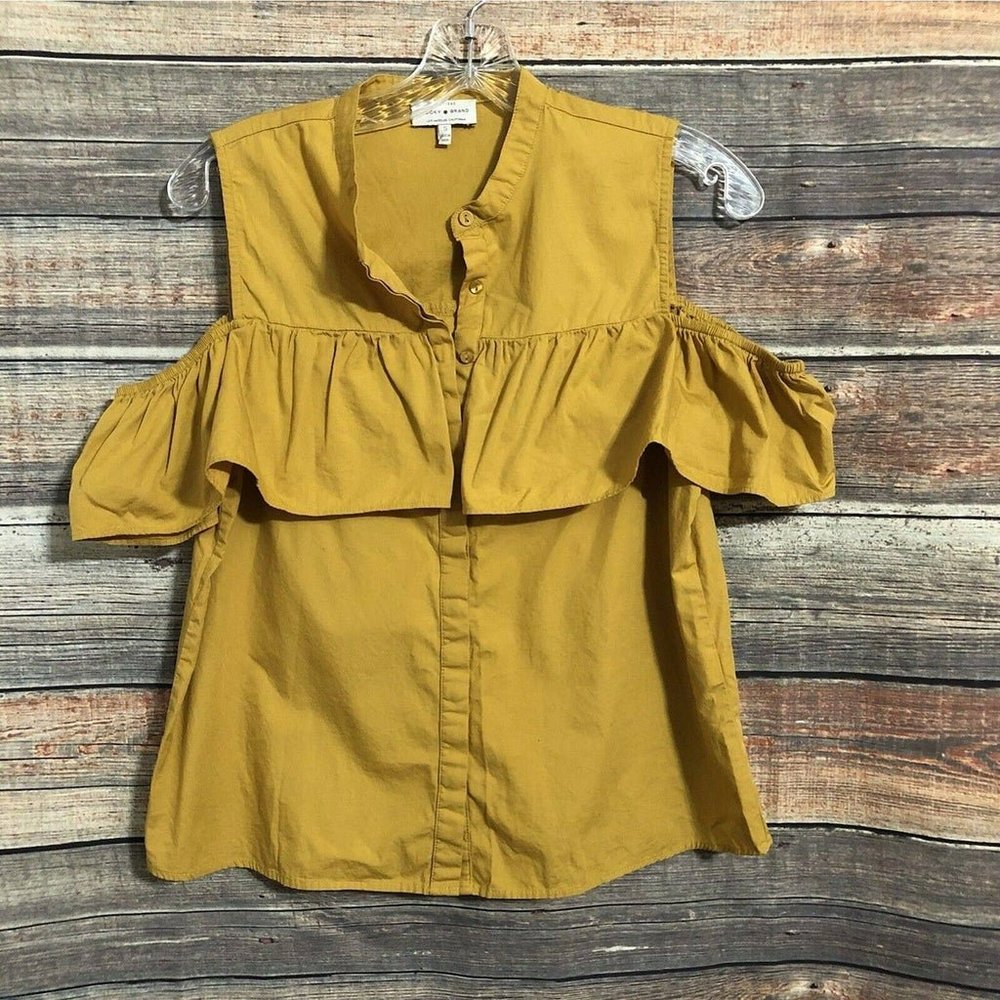 Lucky Brand Size Small Mustard Yellow Ruffle Button Down Cold Shoulder Top